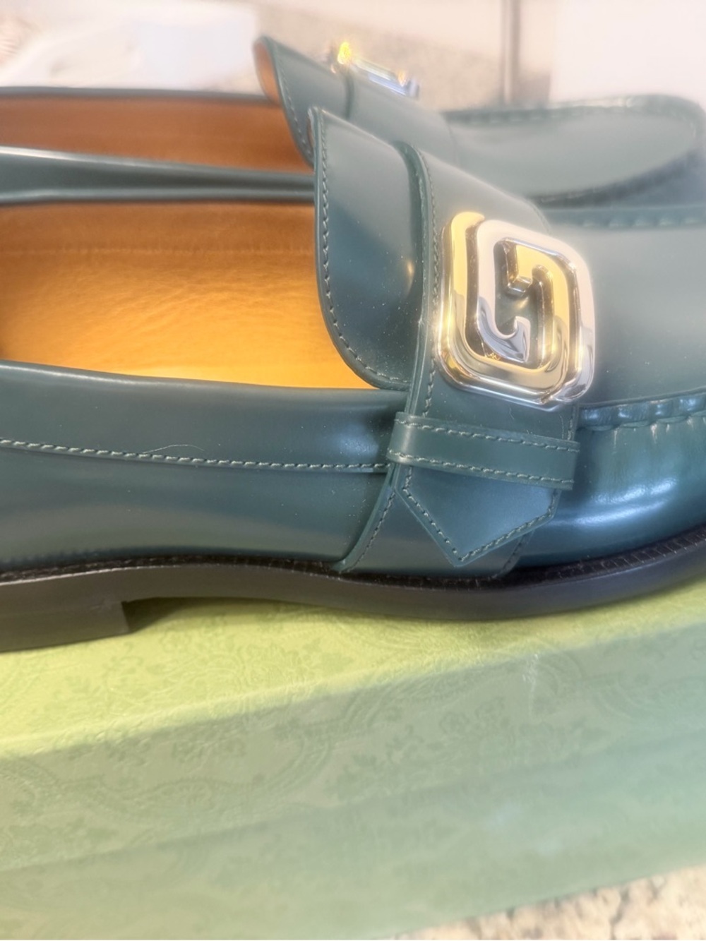 Gucci Teal Patent Leather Men's Loafers with Gold Interlocking G